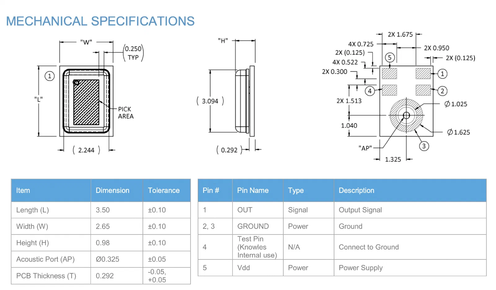 microphone mechanical specifications