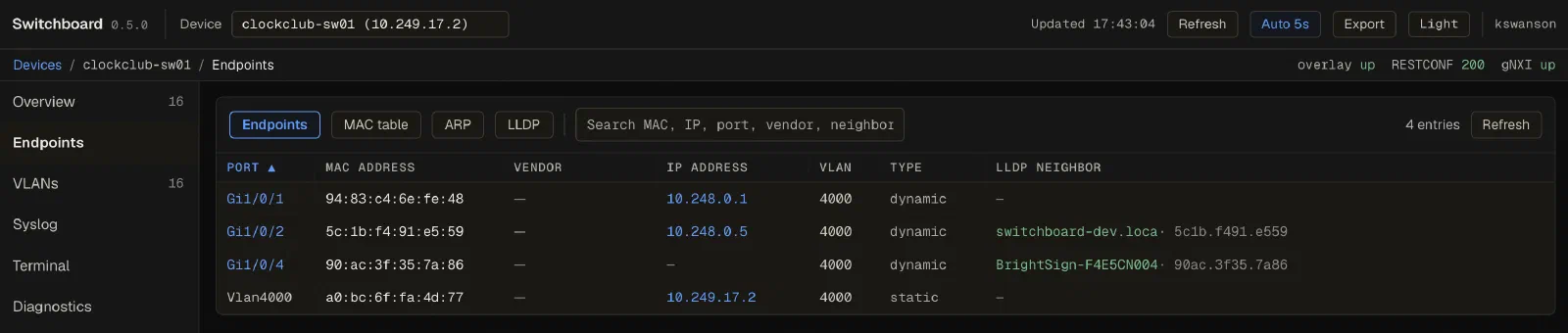 Endpoint finder: MAC, ARP, and LLDP correlated per port