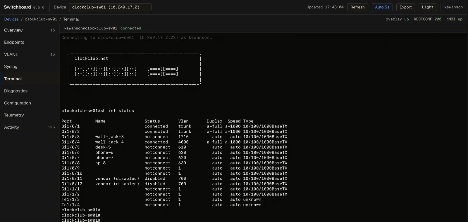 The in-browser SSH terminal on clockclub-sw01