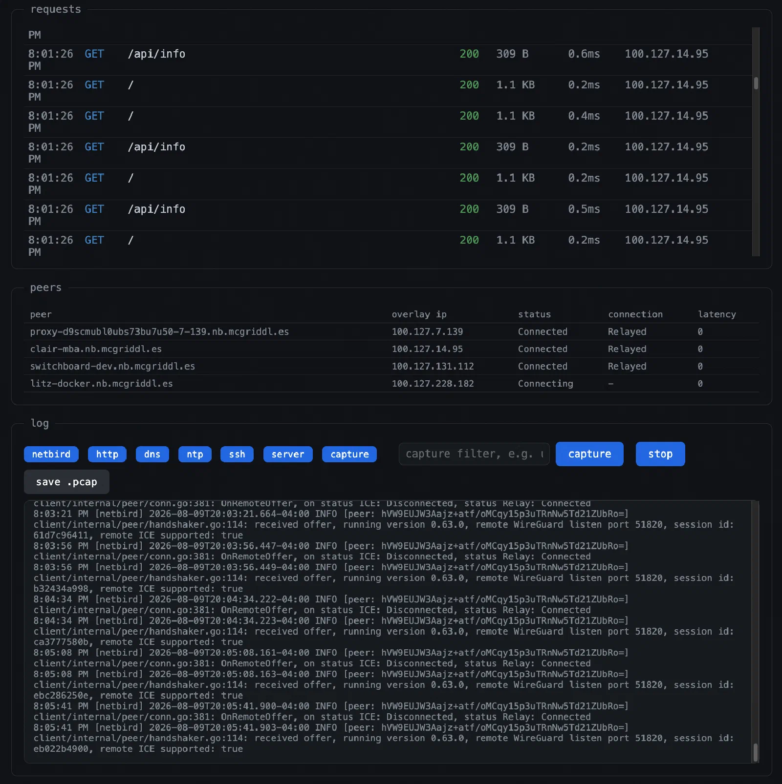 Request log, peer roster, and packet capture in the console