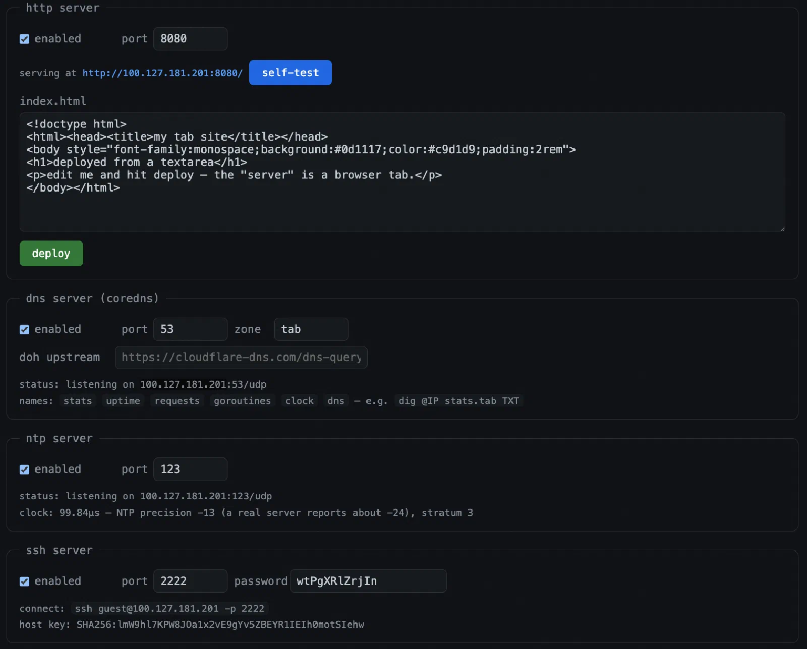 Per-service panels: the HTTP server with its deployable index.html, CoreDNS zone and DoH upstream, NTP clock precision, and the SSH server