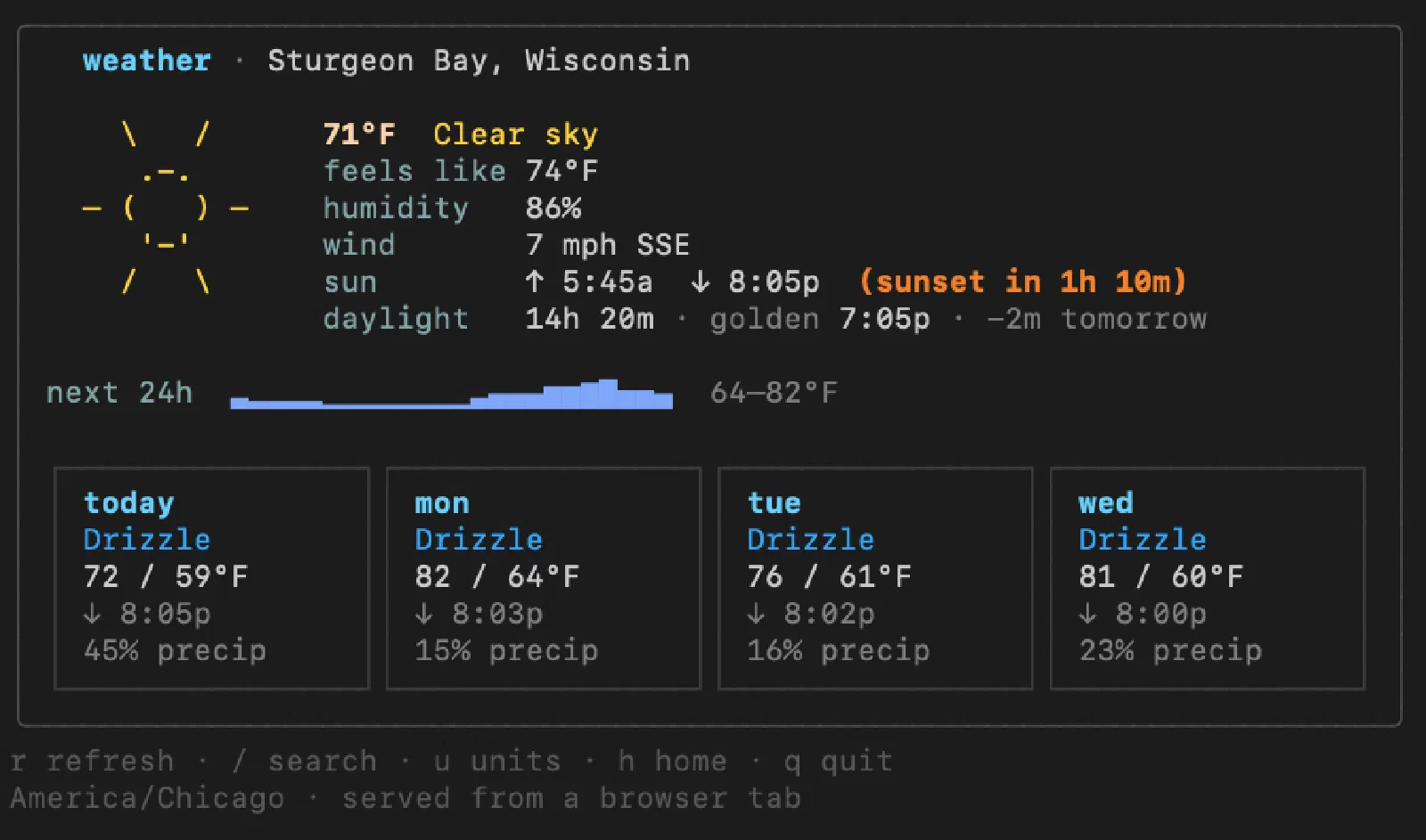 The weather TUI over SSH, served from a browser tab
